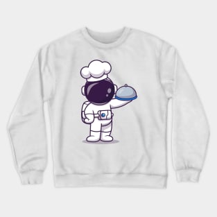 Cute Astronaut Chef Holding Cloche Food Plate Cartoon Crewneck Sweatshirt